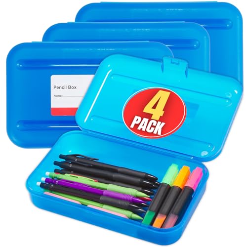 1InTheOffice Pencil Box, Translucent Blue, Plastic Pencil Boxes, 4 Pack