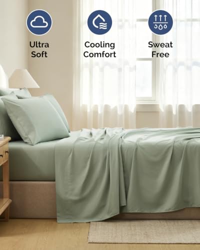 Image of Queen 6 Piece Bed Sheet Set - Breathable & Cooling Sheets - Eucalyptus