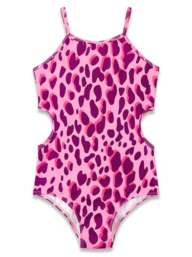 Image of Dvenki Big Girls Asymmetric Cutout Swimsuit Adjustable Straps Sizes 6X-16 | color block, leopard, tropical prints, front lined swimwear, removable pads, suitable for beach, vacation, pool play