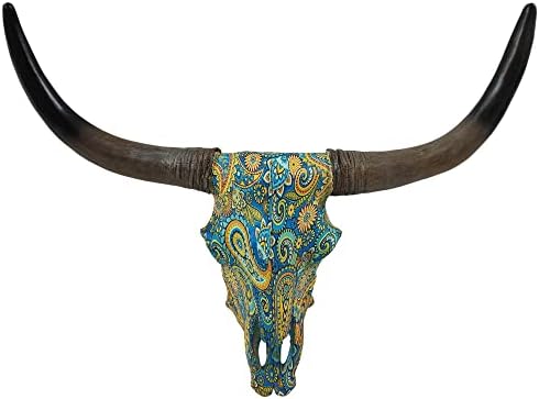 DeLeon Collections Southwestern Dreamscape Painted Paisley Floral Longhorn Cow Bull Steer Skull Hanging Wall Décor, Blue/Orange/Yellow/White/Black, 14.5”L x 18”W x 4”D