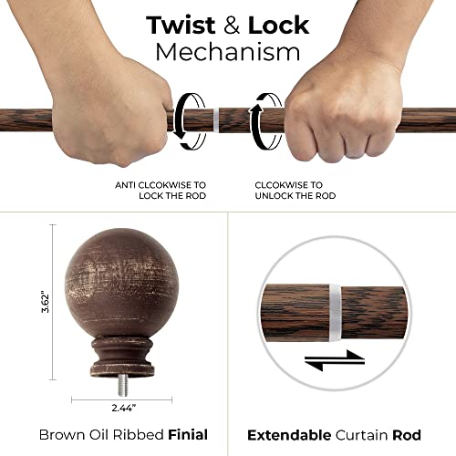 Image of Deco Window Adjustable Curtain Rod for Door & Windows with Brackets Set Curtains Hanging Extendable Iron Metal Pipe Holder with Finials (52 inch-144 inch, Mahogany Wood)