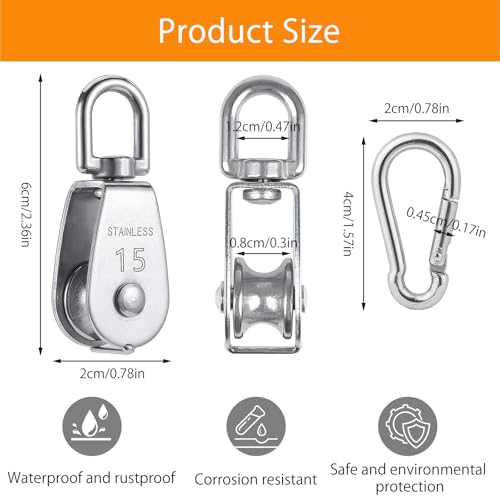 8 Stück Umlenkrollen für Seile Klein, Flaschenzug Set Enthalten 4 Stück Umlenkrolle M15 & 4 Stück Karabiner M4, Edelstahl Seilrolle, Schalen Riemenscheibe für Drahtseile Seile Bis 6.7 mm Durchmesser