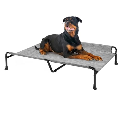 Veehoo Elevated Dog Bed, Raised Dog Cots for Large Dogs, Waterproof Outdoor Dogs Bed, Cooling Pet Hammock with Guardrail, Upgraded Non-Slip Feet, Breathable Teslin Mesh, Black Silver, 47x 29 inches