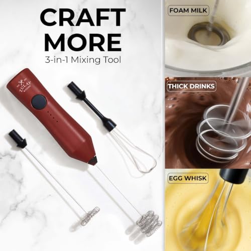 Image of Zulay Kitchen Rechargeable Milk Frother Handheld - Frother Wand, Drink Mixer, Electric Whisk Frother, for Cappuccinos, Matcha & Protein Powder - Dynamic 3 Whisk, 3 Speed 500mAh Red Black