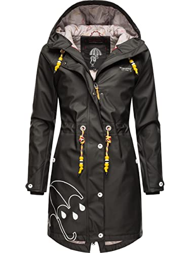 MARIKOO Damen Übergangsjacke Regenmantel wasserdicht lang warm gefüttert mit Kapuze Dancing Umbrella Black Gr. M