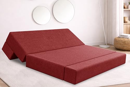 Image of Rosebell Three Seater Foldable Sofa Cum Bed (5x6 Feet) ? Jute Fabric, Washable Removable Cover, Includes Cushion | Space Saving Convertible Sofa Bed for Home, Office & Guests - Red
