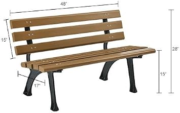 Global Industrial 4'L Outdoor Park Bench with Backrest, Recycled Plastic Slats, Wrought Iron Frame, 1100 lbs Capacity, Tan, Surface Mount, Easy Assembly