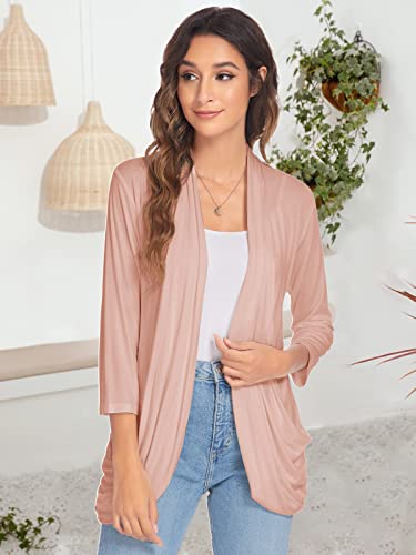 Image of Women Casual Lightweight Cardigan 3 /4 Sleeve Draped Open Front Soft Cardigans with Pockets