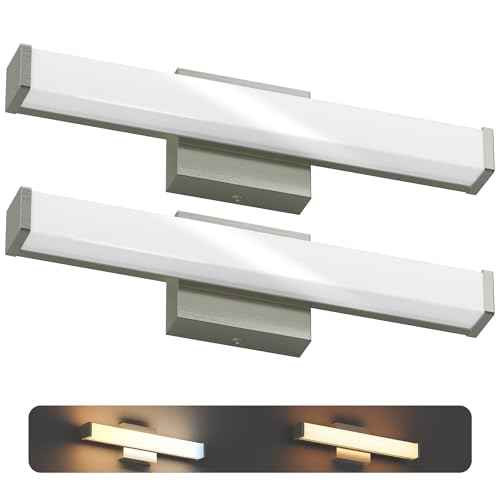Image of 18 Inch Bathroom Vanity Light Fixtures with Night Light: Long Square Wall Mounted LED Lighting Bar Over Mirror with 5CCT & 2200K Color Changing, 120V, 780-900lm, ETL, Brushed Nickel, 2 Packs