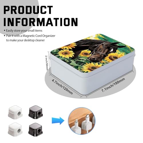 Image of Metal Tin Box with Lid for Game Cards Home Large Organizer Candles Keys Crafts Storage - Comes with 4 Magnetic Cord Clips，Horses and Sunflowers