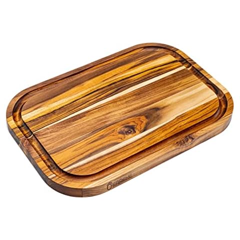 Erreke Wooden Chopping Board, 40 cm Long Natural Teak Wood, 2.4 cm Thickness, Kitchen or Barbecue, Cut or Serve Meat Cheese Bread, 40x28x2.4 cm (with Juice Groove) Cover