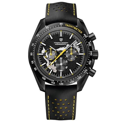 Pagani Design Armbanduhr 1779 Herren Chronograph Quarz Uhren Mond mattiert Zifferblatt VK63 Uhrwerk Lederband 100M Wasserdicht Mode Sport Uhr, gelb