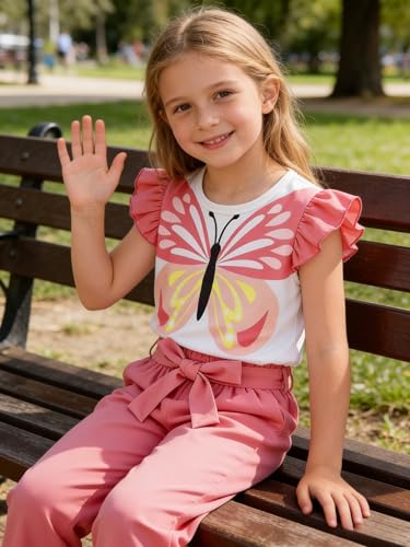 Image of Toddler Kid Girl Clothes Casual Ruffle Sleeve Floral Printed Top Solid Pants with Belt 3PC Outfit Set