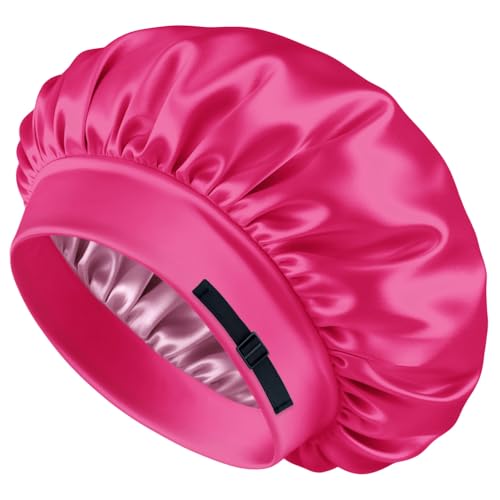 BONNET QUEEN Gorro de seda para mujer, de satén, ajustable, reversible, de doble capa, para dormir, para cabello rizado, color rosa intenso y oro rosa oscuro