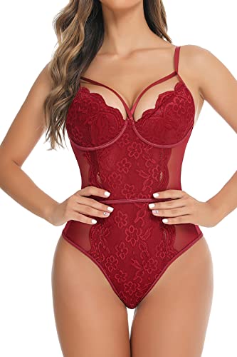 Aranmei Lingerie Femme Snap Entrejambe Body Dentelle Sexy Teddy Lingerie Une Pièce, Rouge, L Cover