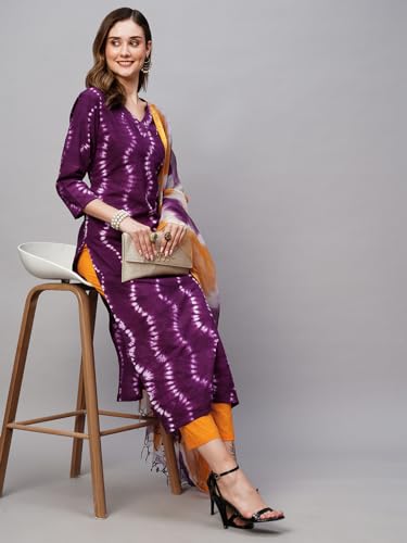 Image of GoSriKi Women's Cotton Blend Straight Printed Kurta with Pant & Dupatta (Mukhi Pink-GS)
