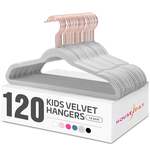 HOUSE DAY Velvet Kids Hangers 120 Pack, Premium Children Hangers for Closet, Ultra Thin Cute Kids Clothes Hanger, Small Non Slip Felt Hanger 14 Inch for Toddler Clothes, Grey