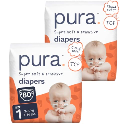 Image of Pura Baby Diapers Size 1-80 Count, 7-14lbs, 12hr Leak Protection, Gentle Newborn Diapers, Hypoallergenic & Sensitive Baby Skin, Toxin-Free*, Blowout Blocker, Wetness Indicator