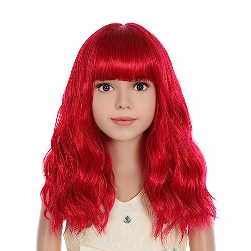 Image of PATTNIUM Kids Red Wig Short Wavy Red Wig with Bangs Red Wigs for Girls Heat Resistant Synthetic Hair Children Wigs (Red)