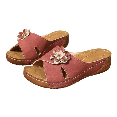 Sandales Femme Talon Compensé Chic - Sandales Bout Ouvert Femme avec Fleur Claquettes À Enfiler Chaussures Décontractées Nu Pieds Confortable Claquettes...
