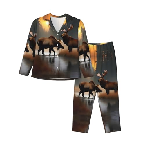 Pyjama 2 pièces en coton imprimé ours cerf élan à manches longues confortable pour homme