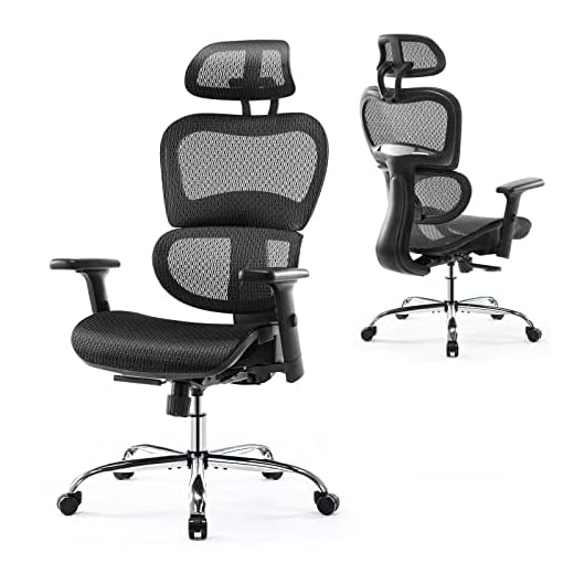 Ergonomic Office Chair, High Back Desk Chair, Swivel Mesh Computer Task Chair with Dynamic Lumbar Support, Tilt Function, Executive Home Office Chair with 3D Adjustable Headrest and Armrests, Black