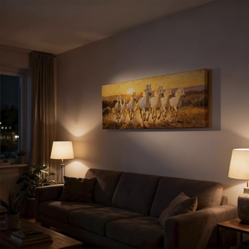 Image of SoulAbiti Vastu Seven White Horses at Sunrise Unframed 36x14 inches Rolled Canvas Wall Realism Art UV Print Painting for Living Room, Bedroom & Office Decor Premium Gloss Vivid Fade-Resistant Print