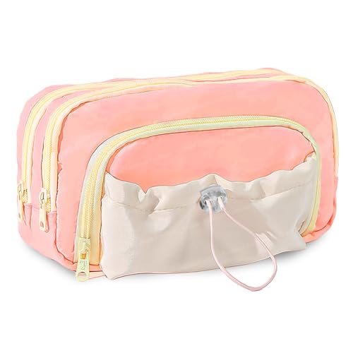 Image of FunBlast Pencil Pouch for Girls - Multiple Compartment Zipper Pouch with Drawstring Pocket, Aesthetic Pouch for Girl, Kawaii Pencil Case, Cute Pouches for Girls, Return Gift for Kids (Pink)