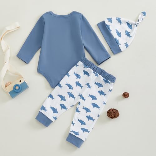 Newborn Baby Boy Fishing Outfit I’m the Cutest Catch Long Sleeve Romper Joggers Pants Hat 3pcs Infant Clothes Set3