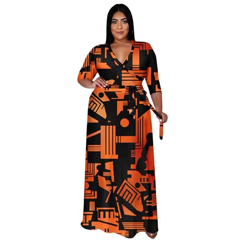 Image of Runwind Plus Size Dresses for Women Floral Maxi Dress Flowy 3 /4 Sleeve with Belt