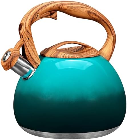 GGC Tea Kettle for Stove Top, 3.1QT/3L Whistling Tea Kettles for Boiling Water Coffee or Milk, Gradient Green Tea Pot with Wood Parttern Handle, Stainless Steel Tea Pot for Home and Kitchen