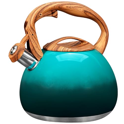 Comparison: Best Tea Pot For Green Tea 5 GGC Tea Kettle for Stove Top, 3.1QT/3L Whistling Tea Kettles for Boiling Water Coffee or Milk, Gradient Green Tea Pot with Wood Parttern Handle, Stainless Steel Tea Pot for Home and Kitchen
