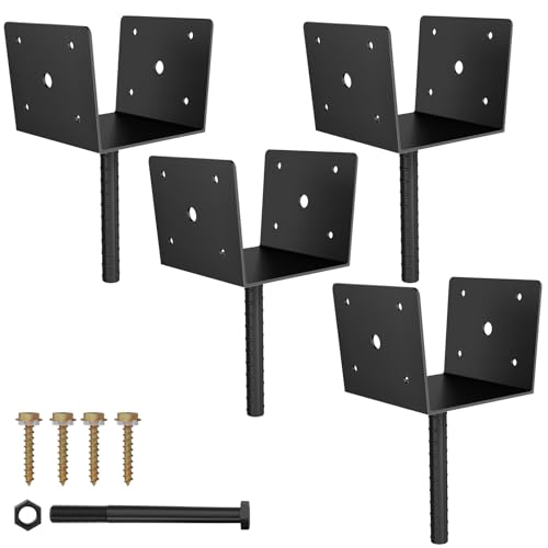 AOSTD 6x6 U Shape Fence Post Holder,4 Pack, Heavy Duty 13-GA Steel,Concrete Post Anchor Brackets,Rust-Proof Black Powder-Coated Railing Post Base for Support Deck,Including Screws