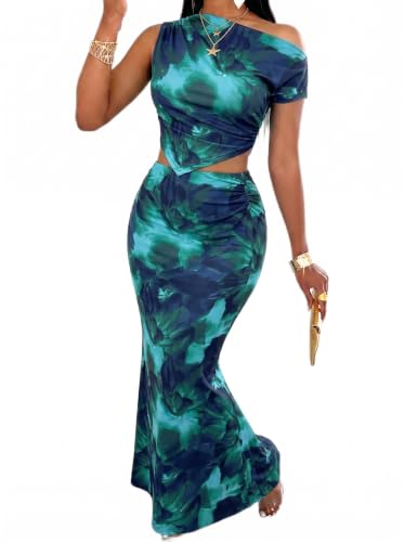 Image of BARASA Two Piece Sets For Women Summer Vacation Sexy Bodycon Outfits DS75 | Elegant Asymmetrical One Shoulder Crop Top And Ruched High Waist Long Maxi Skirt Set For Women Summer Vacation