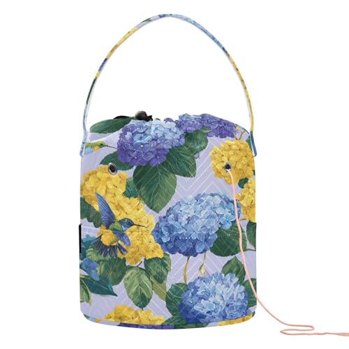 Image of ElliTarr Crochet Bag Yarn Bag with Handle Portable Knitting Project Bag Travel Yarn Storage Organizer Holder Case Blue Hydrangeas Hummingbirds