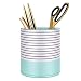 WAVEYU Pen Holder, Pencil Cup Pot Desk Organizer Multi Purpose Use Cute for Adults Kids Luxury Leather Makeup Brush Holder Ideal Gift for Home, Office, Classroom, Stripes Mint Green