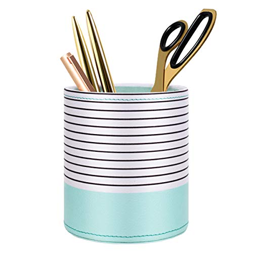 Image of Pen Holder, Pencil Cup Pot Desk Organizer Multi Purpose Use Cute for Adults Kids Luxury Leather Makeup Brush Holder for Home, Office, Classroom, Stripes Mint Green