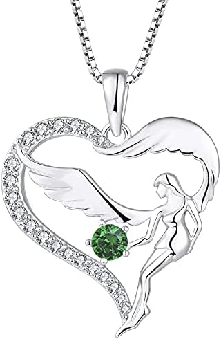 FJ Heart Angel Necklace Guardian Angel Wing Pendant Necklace 925 Sterling Silver with Birthstone Cubic Zirconia Jewellery Gifts for Women Girls