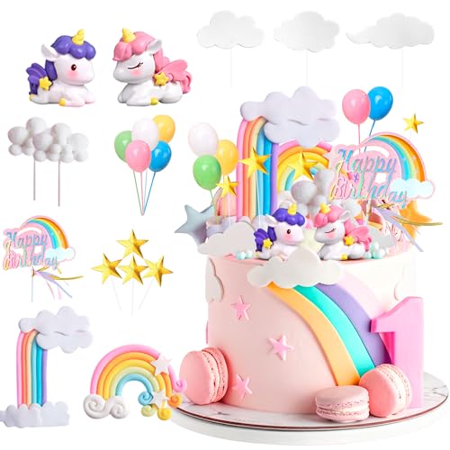 Set Decoraciones Tarta Unicornio-23 Piezas Unicornio Topper de Cumpleaños con Arcoíris Nubes Estrellas Globos y Unicornios Decoración para Tartas de Feliz Cumpleaños