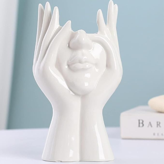 Makeup Brush Holder Stand Abstract Hand Face Design Makeup Brush Organizer Multipurpose Pen Stand Toothbrush Holder & Desk Decor Resin Makeup Tools Storage for Dressing Table Bathroom & Office (WHITE)-image-10