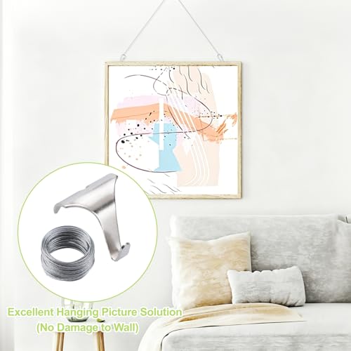 Image of Picture Hanging Kit 3Pcs Picture Rail Hooks & 3Pcs 3M Wires & 6Pcs Small Hooks, Metal Rail Hanging Hook Picture Display System for Wall Picture, Exhibition(Silver)