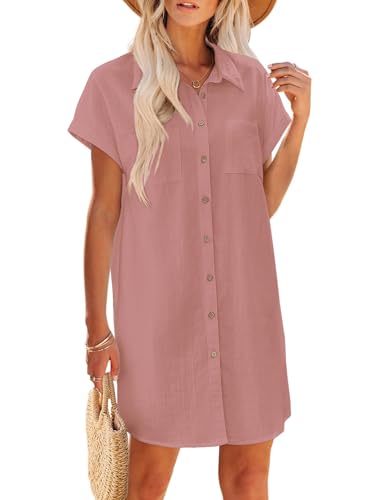 Image of Zeagoo Summer Dresses for Women 2026 Cotton Button Down Short Sleeve Tshirt Dresses Casual Mini Beach Dress
