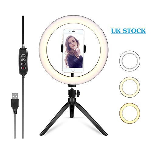 JaxTec Ring Light 10inch LED Circle Light with Tripod Stand 3 Lighting & 10 Brightness Level for Video Youtube, Facebook, Live Stream, Makeup, Selfie Light included phone Stand - UK STOCK