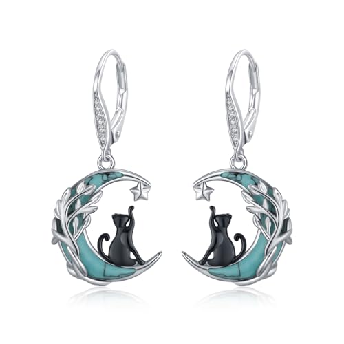 MEDWISE Black Cat Earrings for Women 925 Sterling Silver Leverback Cute Animal Crescent Moon Dangle Drop Earrings Hypoallergenic Cats Lover Halloween Gifts