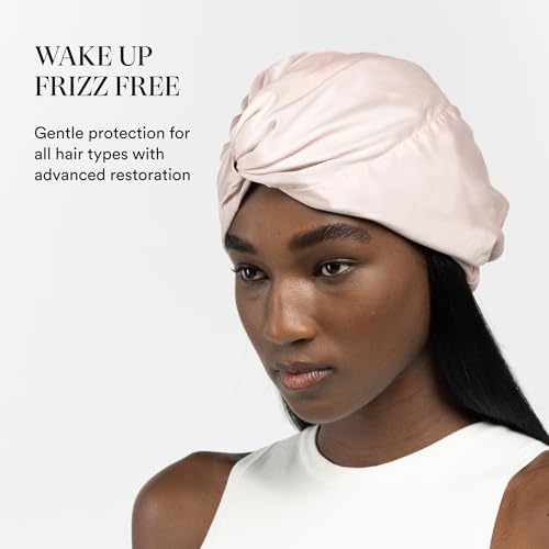 Image of Mulberry Silk Sleep Bonnet by Clementine Essentials, Turban Style Pink | Silver Ion & Organic Bamboo Lining | Anti-Breakage, Short & Mid-Length Hair | Frizz-Free, Adjustable Straps, Soothes Scalp