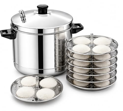 Image of Abee Stainless Steel Idli Cooker with 6 Idli Plates (24 Idli Capacity) | Heavy Duty Idli Steamer for Soft Idlis, Momos & Dhokla | Food Grade Steam Cooker with Lid & Strong Handles