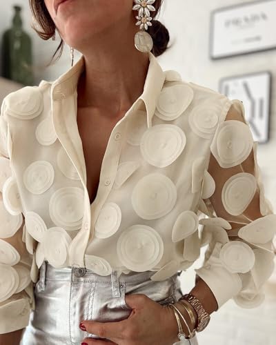 UOOZEE Women's Long Sleeve Dressy Casual Blouse Button Down Sheer Polka Dot Cocktail Party Tops Shirts2