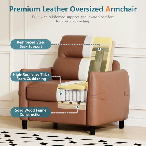 Image of Brown Leather Accent Chair, Oversized Deep Seat Armchair Living Room | STHOUYN Leather Reading Chair, Comfy Deep Seat Armchair with Mid-Century Style, Office Bedroom Apartment Waiting Room, Brown