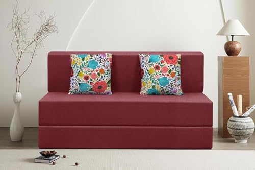 Image of Rosebell Foldable 2 Seater Sofa Cum Bed, Sofa Bed 4X6 Feet, Jute Fabric- Washable Cover- Including Two Cushion Perfect for Home & Office-Red Color