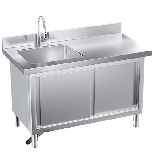 44''X23'' Stainless Steel Commercial Utility Sink with 2 Cabinet, Free Standing Single Bowl Kitchen Sink with Pull-out Faucet, Heavy Duty Commercial Sink for Garage, Outdoor,44''L x 23''W x 33''H